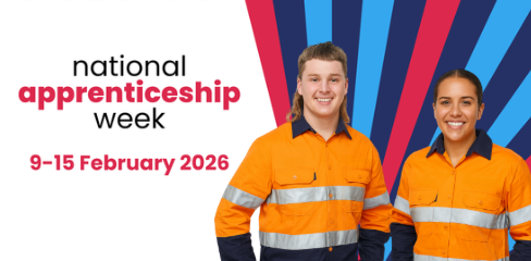 a male and female apprentice in hi vis smiling on a red and blue starburst graphic with text: 'Give A Shout' national apprenticeship week 9-15 February 2026